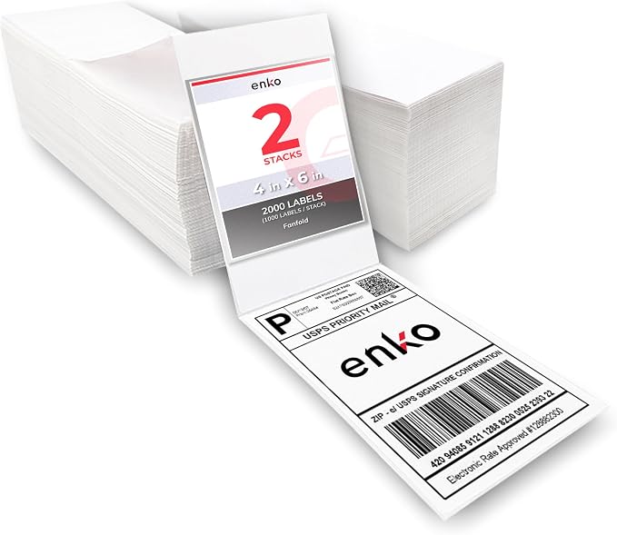 enKo 2 Stacks/2000 Labels 4"x6" Fanfold Direct Thermal Labels Compatible by enKoProducts
