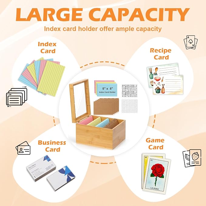 5x8 Index Card Holder with Dividers Bamboo Index Card Storage Box 4 - Image 4