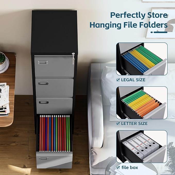 MIIIKO 4 Drawer File Cabinet, Metal Vertical Filing Cabinets - Image 4