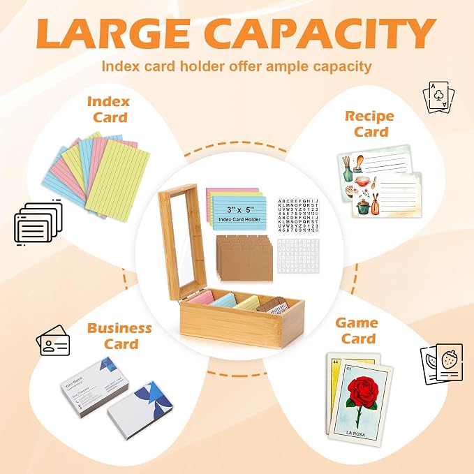 3x5 Index Card Holder with Dividers Bamboo Index Card Organizer Index Card - Image 4