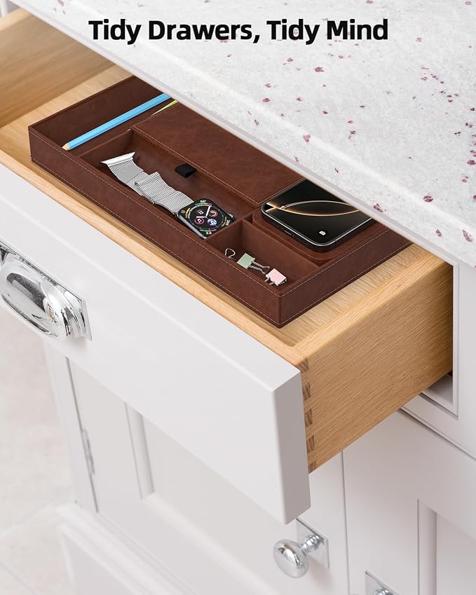 Valet Tray with Wireless Charger, Nightstand Organizer, Leather Desk Drawer - Image 5
