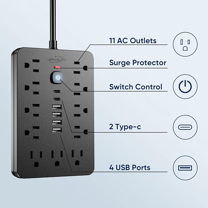 JouleLoom 2PCS 6 FT Flat Plug Surge Protector Power Strip, 11 Multiple AC - Image 3