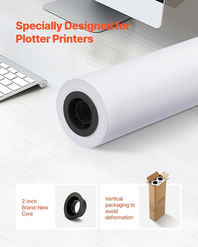 VEVOR Wide Format Paper, 24 in x 150 ft Plotter Roll, 2 Rolls CAD Bond Rolls - Image 2
