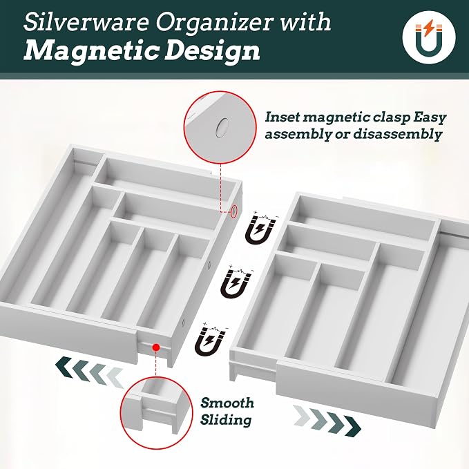 Silverware Organizer Large, Magnetic Connected Expandable 13 Slots Silverware - Image 3