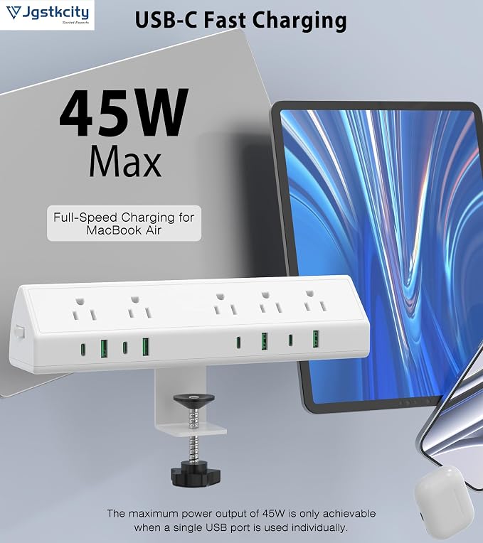 45W Fast Charging Station, Desk Clamp Power Strip, 4 PD USB-C Ports, 5 AC - Image 3