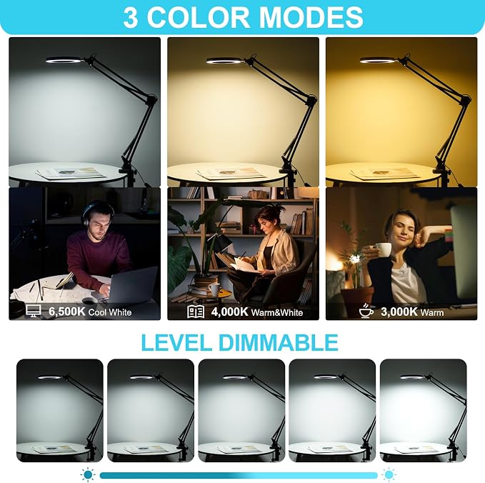 LED Magnifier Desk Lamp with Stand, 3 Color Modes & Stepless Dimming 5-Diopter - Image 3