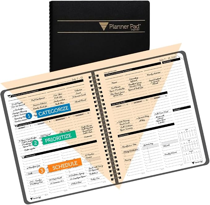 Planner Pad Spiral Bound 3-Tier Funnel Down 12 Month Organizer, July 2025 – by PlannerPad