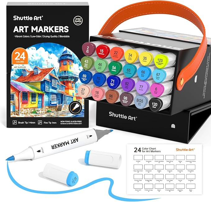 Shuttle Art Brush Tip Alcohol Markers, Dual Tip Brush & Fine Tip Art Marker Set by ShuttleArt