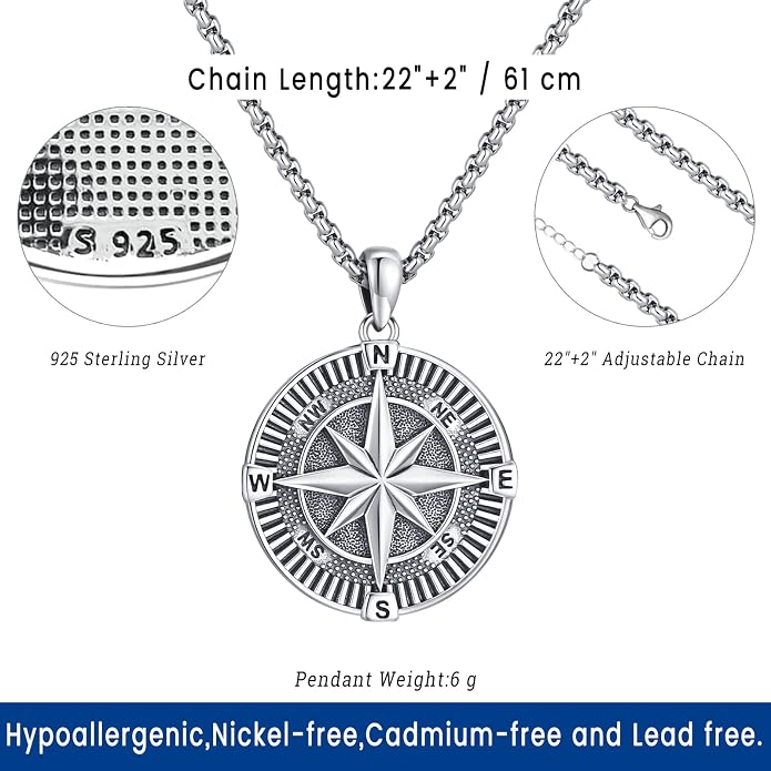 Compass Necklace for Women Men 925 Sterling Silver Pendant Urn Necklaces for - Image 3