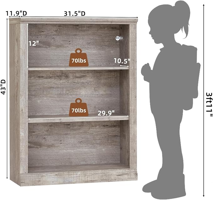 RWYHG 43" Grey Tall Bookshelf Set of 4, 3-Tier Thick Wooden Book Shelf - Image 3