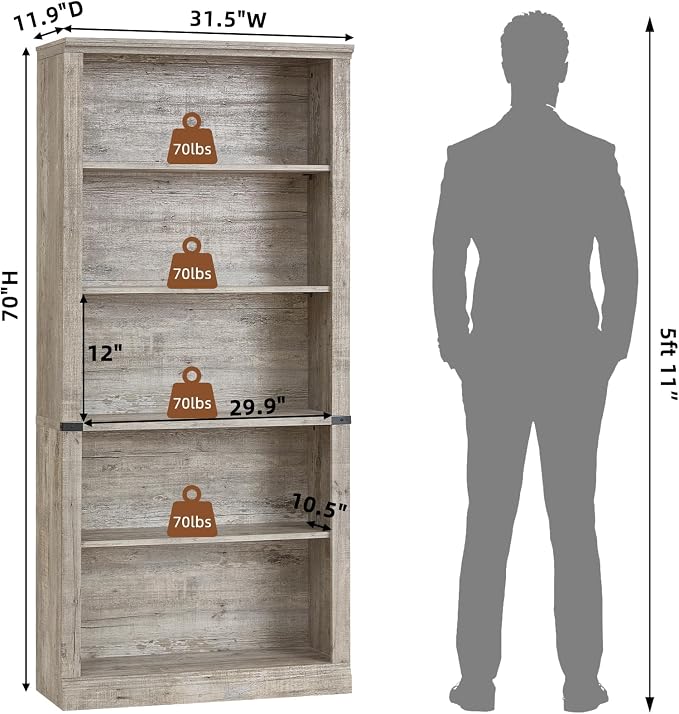 RWYHG 70" Grey Tall Bookshelf Set of 2, 5-Tier Thick Wooden Book Shelf - Image 2