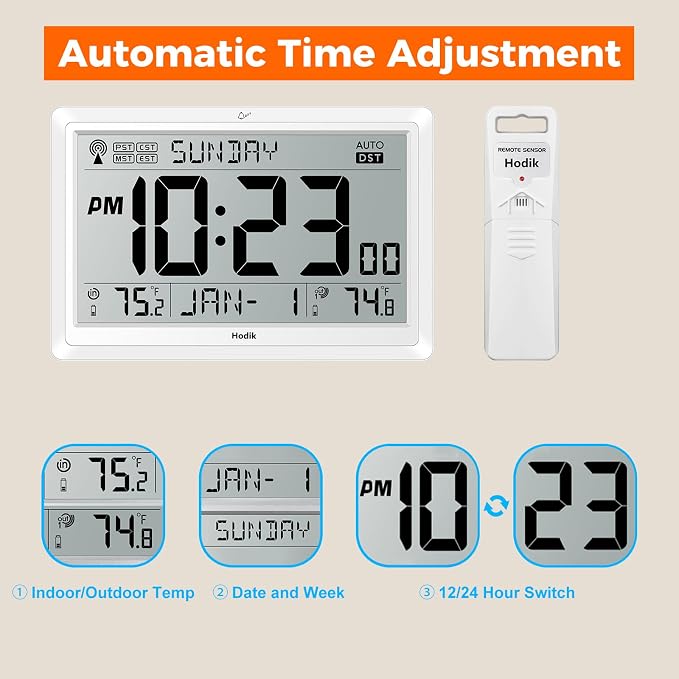Wall Clock Atomic with Indoor Outdoor Temperature Battery Powered, Easy Reading - Image 7