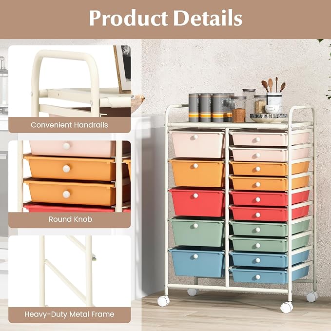 DORTALA 15-Drawer Rolling Storage Cart - Image 7