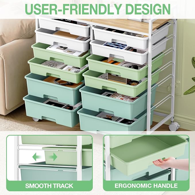 Rolling Storage Cart with 12 Drawers, Wooden Tabletop Utility Cart - Image 5