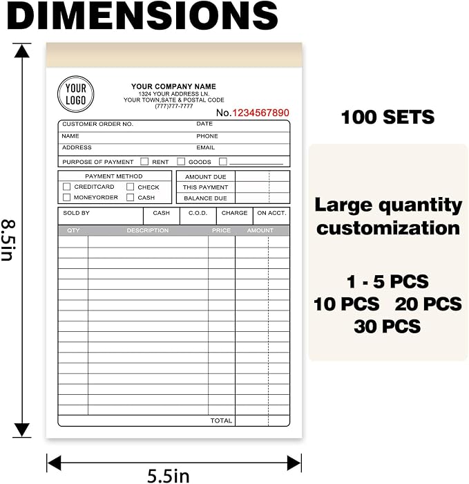 Custom Invoice Book with Logo 50 Set Personalized Receipt Books Customized - Image 2