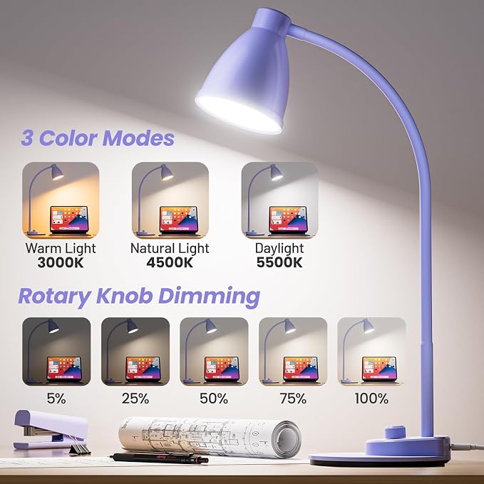 BOHON LED Desk Lamp with USB Charging Port, 3 Color Modes Fully Dimmable - Image 2