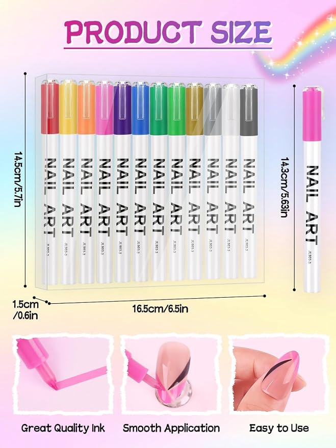 EBANKU 12 Colors Nail Art Pens Set, 3D Nail Polish Pens Acrylic Paint Pens Nail - Image 7