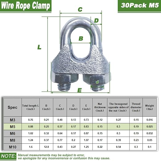 30PCS M5 Heavy Duty Wire Rope Clamps, 3/16-Inch Zinc Plated Wire Cable Clamps - Image 2