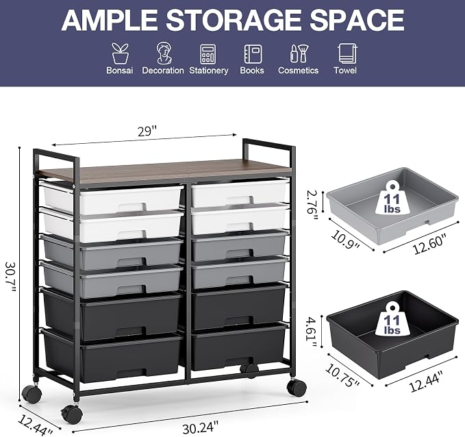 Rolling Storage Cart with 12 Drawers, Wooden Tabletop Utility Cart - Image 3