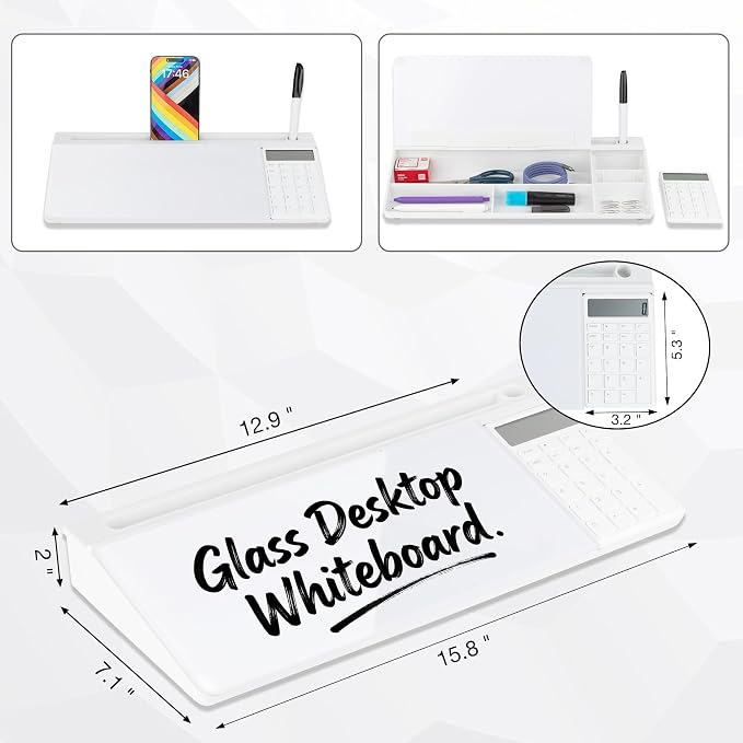 Glass Desktop Whiteboard with Calculator & Storage, Desk Dry Erase Note Memo - Image 2