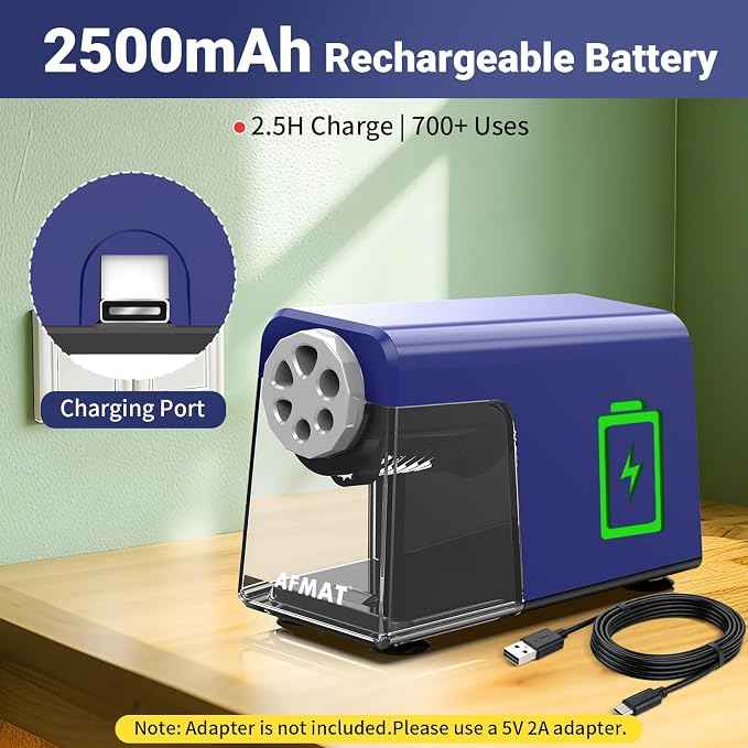 AFMAT 6-Hole Electric Pencil Sharpener, Cordless & Rechargeable, Pencil