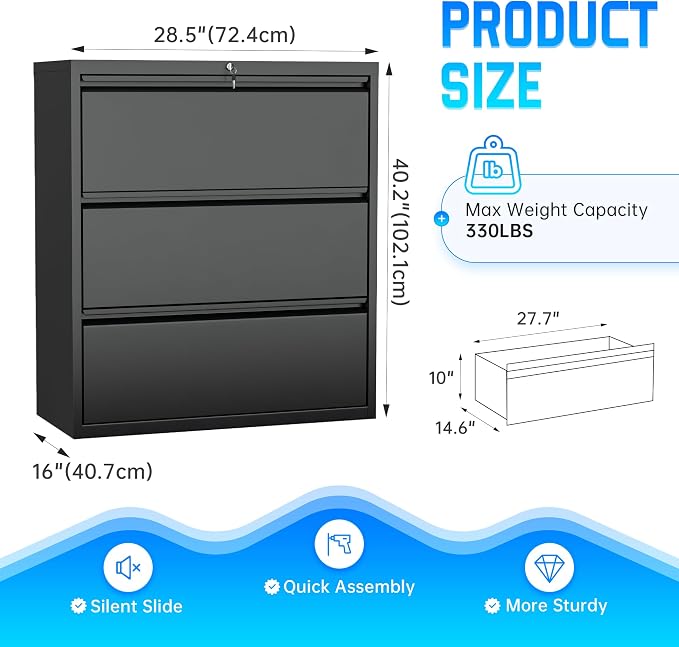 Greenvelly 3 Drawer File Cabinet, Metal Filing Cabinet - Image 3