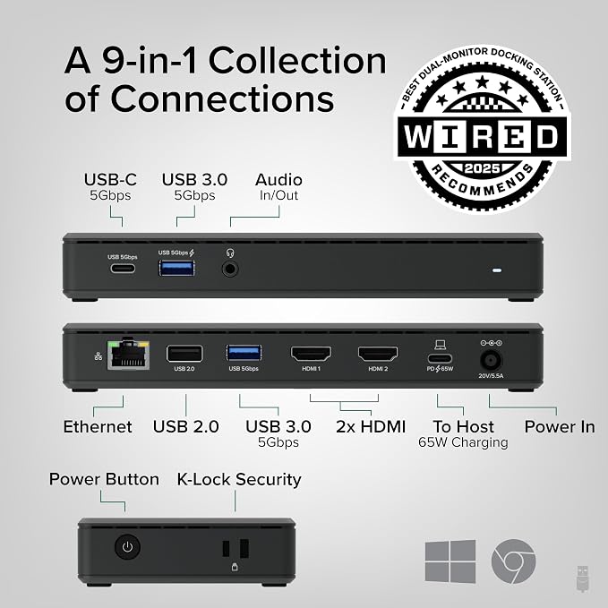 Plugable USB-C Docking Station Dual 4K 60Hz HDMI, 65W Charging, Gigabit Ethernet - Image 2