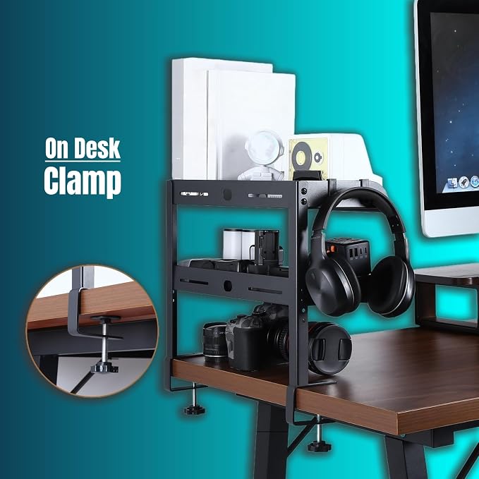 Yuxh Clamp On Desk Shelf 2 Tier Cilp Under Table Organizer, 15 inch - Image 5