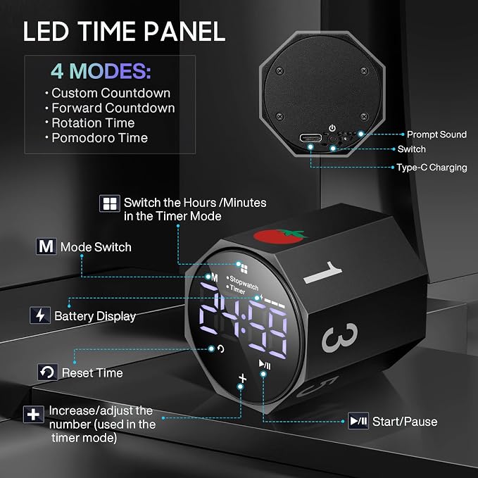 Digital Pomodoro Timer, Frosted Metal Productivity Cube Timer, 1.8 In LED - Image 7