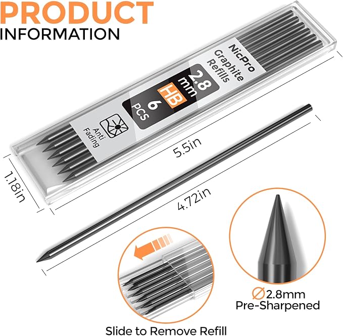 Nicpro 60 Pieces Carpenter Pencil Lead Refills 2.8mm, Lead Refill - Image 2