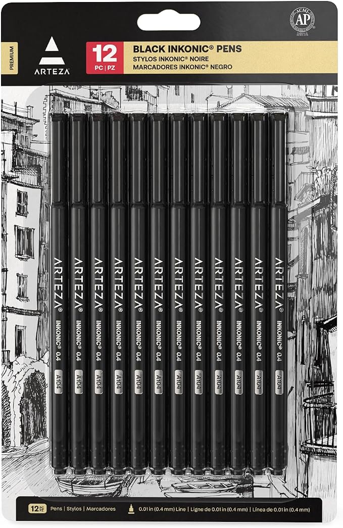 ARTEZA Black Inkonic Fineliners Pens, 0.4 mm Fine Tip Markers, Water-Based Art by ARTEZA