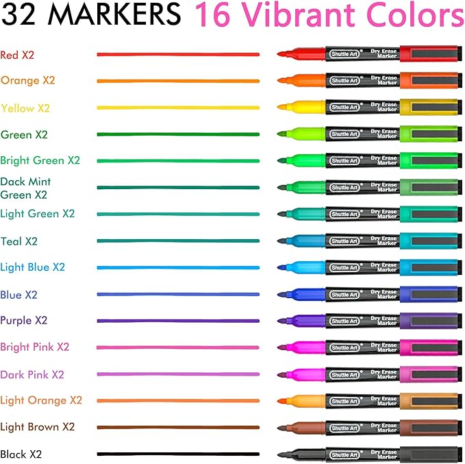 Shuttle Art Dry Erase Markers, 32 Pack 16 Colors Magnetic Whiteboard Markers - Image 3