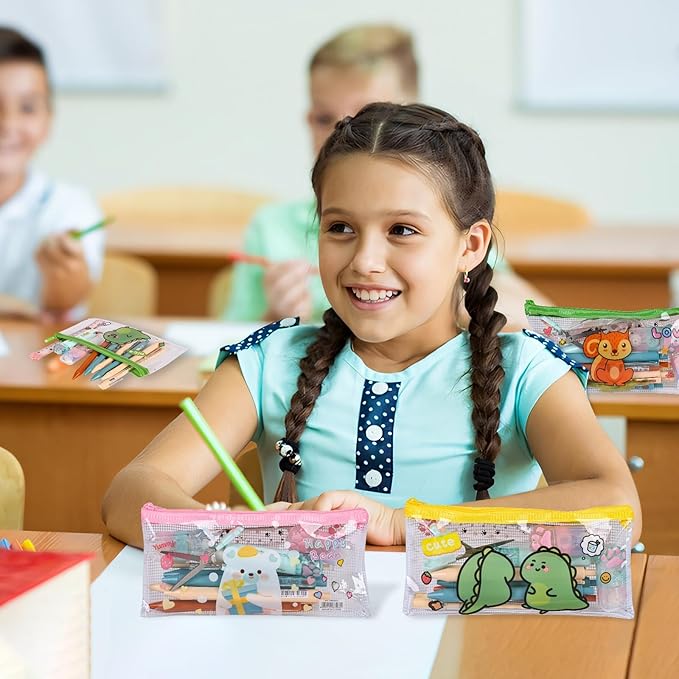 Ulema 24 Pcs Back to School Gifts Cartoon Mesh Pencil Pouch Bags Plastic Zipper - Image 6