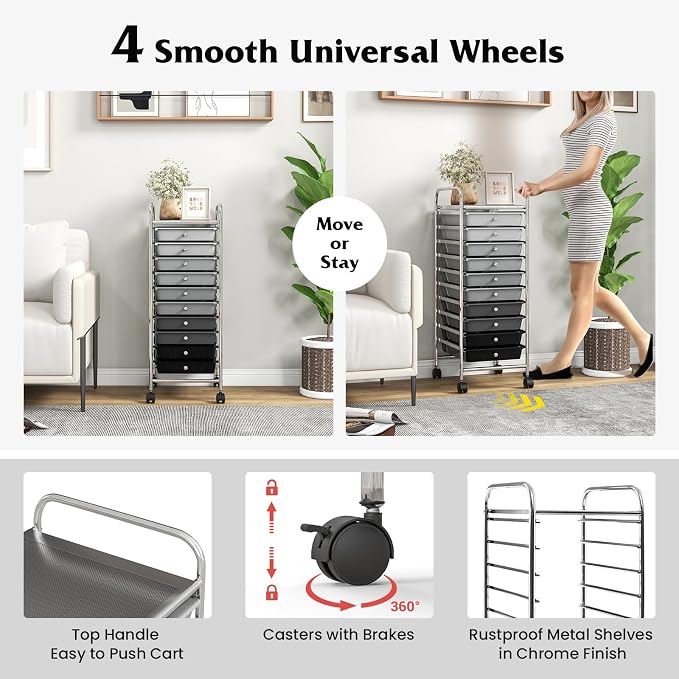 Giantex 10-Drawer Storage Cart w/Universal Wheel, Rolling Cart w/Handle - Image 6