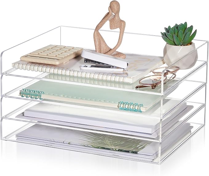Harloon 4 Tier Acrylic Paper Tray 13 x 10 x 1.7 Inches Stackable Letter Clear by Muasung