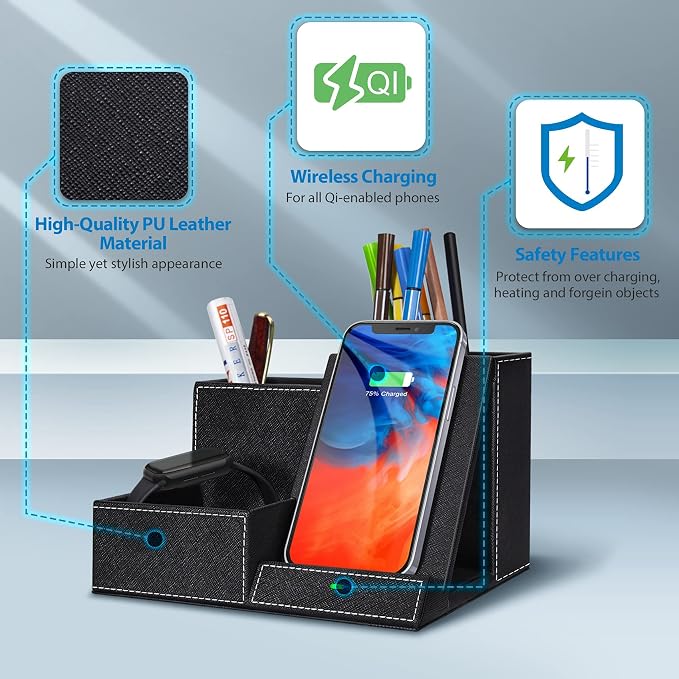 TopMade Wireless Charger with Desk Nightstand Organizer, PU Leather Pen Pencil - Image 4