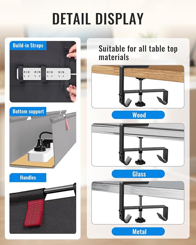 No Drill Cable Management Under Desk, Clamp/Screw Mount Cable Tray, Premium - Image 7