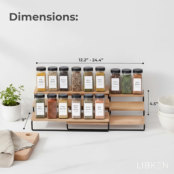 LIBKEN Tiered Spice Rack Organizer – Wood & Metal Countertop & Cabinet Spice - Image 3