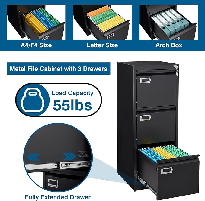 PEUKC 3-Drawer File Cabinet, 16.3" Deep Vertical Filing Cabinet - Image 4