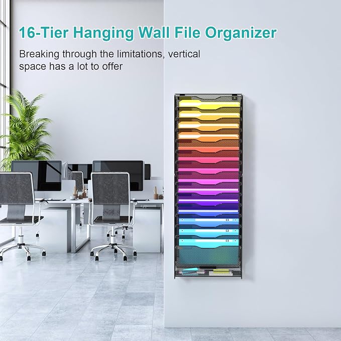 VEESUN Wall File Organizer, 16-Tier Mesh File Holder, Vertical Document Rack - Image 4