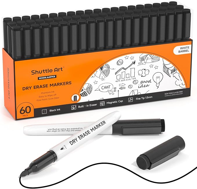 Shuttle Art Black Dry Erase Markers, 60 Pack Magnetic Whiteboard Markers by ShuttleArt