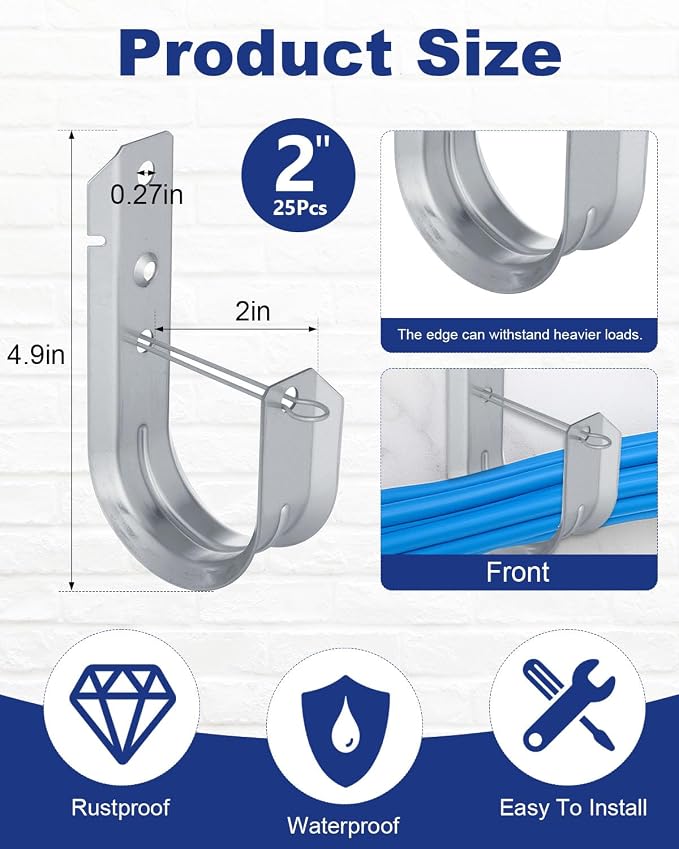 AOKLIT 25 Pcs 2" Galvanized Steel J-Hooks, Heavy Duty Wall Mount Cable Support - Image 2
