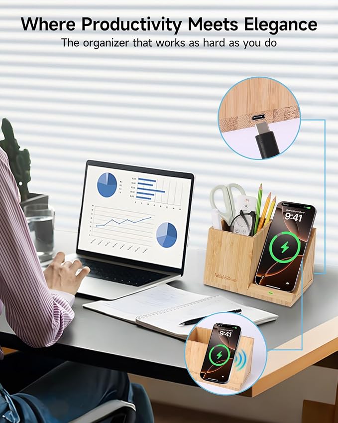Bamboo Pen Holder for Desk & Nightstand Organizer - Image 3