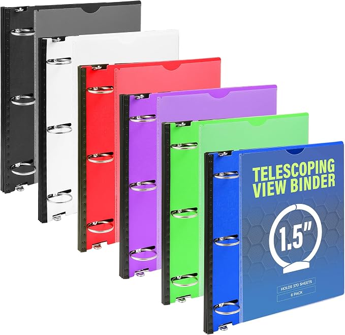 WOT I 1.5 Inch Telescoping 3 Ring Binder 6 Pack, Expandable Flexible Binder by WOTI