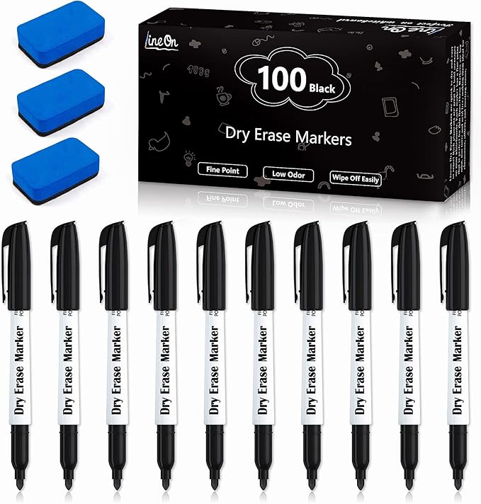 Lineon 100 Bulk Pack Black Whiteboard Markers by ShuttleArt