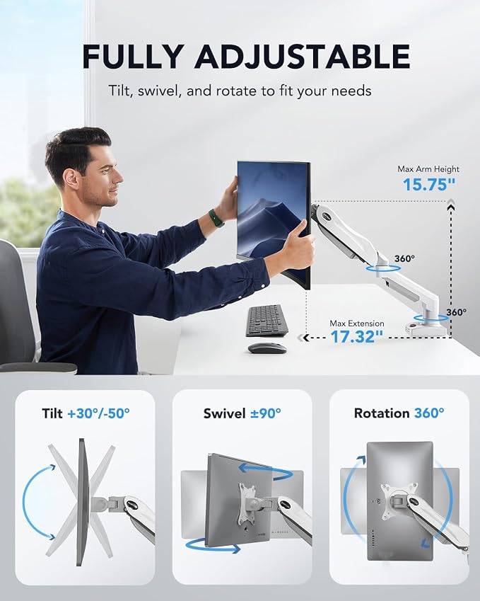 HUANUO Single Monitor Mount, 13 to 32 Inch Gas Spring Monitor Arm, Adjustable - Image 4