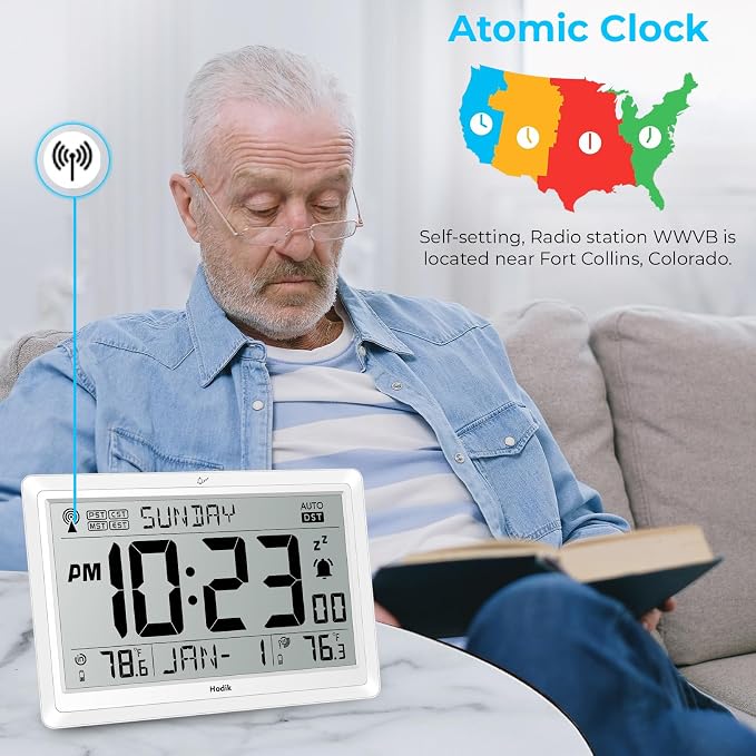 Wall Clock Atomic with Indoor Outdoor Temperature Battery Powered, Easy Reading - Image 4