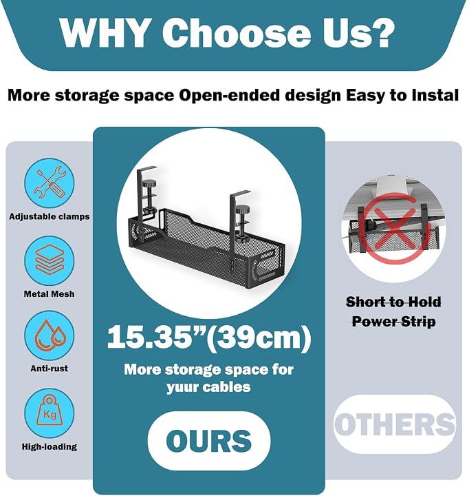 Under Desk Cable Management Tray, No Drill Mesh Desk Cable Tray, Wire - Image 3