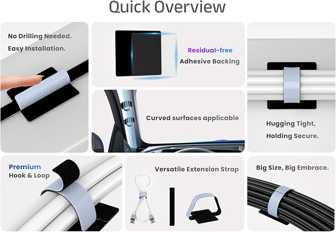 Under Desk Cord Management Straps, Adhesive-Backed Heavy-Duty Reusable Mounting - Image 2