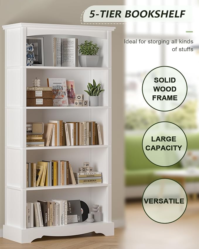 TVU 5-Tier Wooden Bookshelf, 65 Inch Tall Bookshelf - Image 6